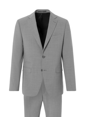 Gray suit with a subtle texture, two-button front, notch lapels, and side pockets. Includes matching trousers. Black lining visible inside.