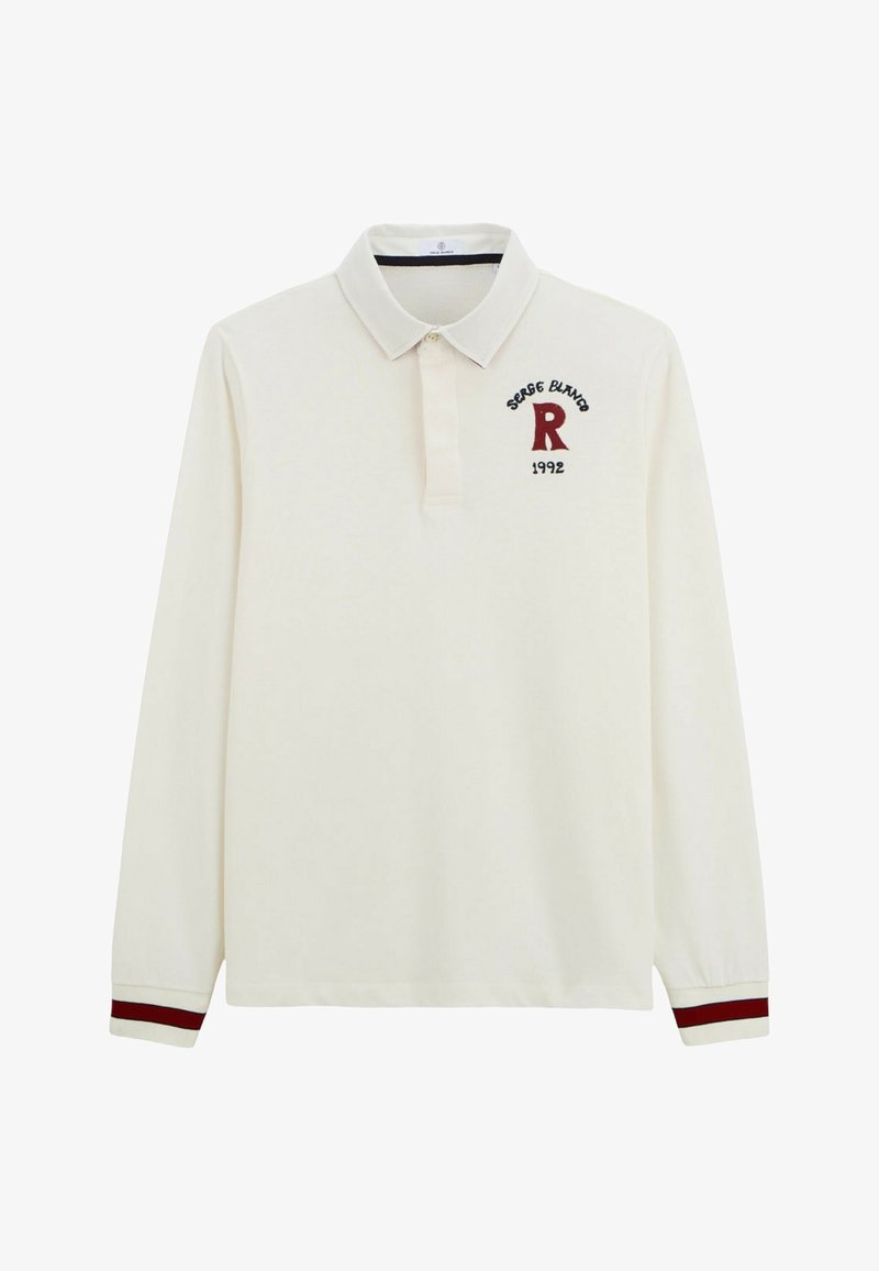 Polo à manches longues en coton crème, avec un col texturé, des accents bordeaux et un logo brodé avec un détail "1992".