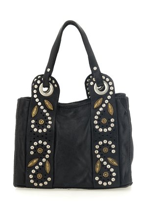 Borsa a mano in pelle nera con cinturini decorativi impreziositi da borchie d'argento e accenti di foglie in bronzo. Forma quadrata con doppi manici superiori e texture morbida.