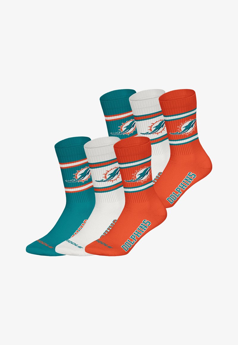 Drei Paar Sportsocken in Türkis, Weiß und Orange, jeweils mit dem Miami Dolphins-Logo und dem Schriftzug "DOLPHINS" auf der Sohle.