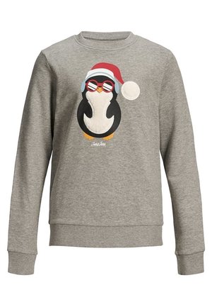 Sudadera gris de tela suave con un gráfico de pingüino que lleva gafas de sol y un gorro rojo de Santa. Puños y dobladillo acanalados.