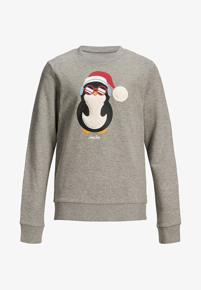 Sweat-shirt gris en tissu doux présentant un motif de pingouin portant des lunettes de soleil et un chapeau de Père Noël rouge. Poignets et ourlet côtelés.
