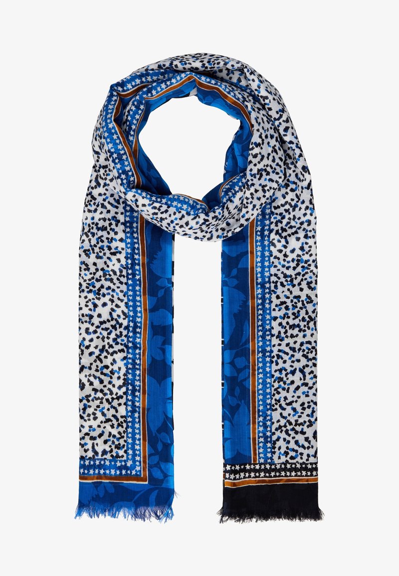 Écharpe rectangulaire longue avec des sections à imprimé floral bleu et léopard blanc, bordée de motifs d'étoiles dans des rayures bleues, noires et orange.