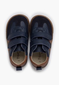 Navy blue and brown children's shoes with velcro straps, made of leather and suede, featuring a rubber sole and heel tab for easy wear.