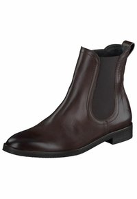 Bruine leren Chelsea boot met elastische zijpanelen, ronde neus en lage blokhak. Gladde textuur met minimale stikdetails.