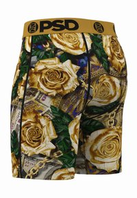 Calzoncillos bóxer para hombre con una cinturilla elástica amarilla. Presentan un patrón floral de rosas doradas y diseños de billetes sobre un fondo oscuro.