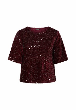 Camiseta de lentejuelas burdeos con mangas cortas y cuello redondo, que presenta una superficie texturizada y un ajuste holgado y relajado.