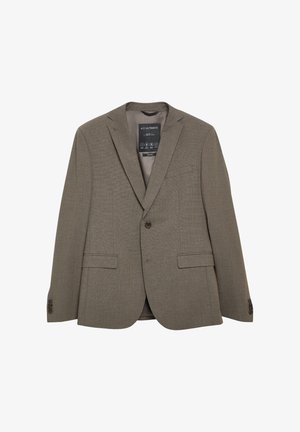 Graues einreihiges Herren-Sakko mit Kerbkragen, zwei vorderen Pattentaschen und Ein-Knopf-Verschluss, flach auf weißem Hintergrund dargestellt.