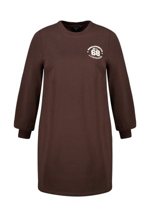 Bruine katoenen jurk met lange mouwen, ronde halslijn en geribbelde manchetten. Voorzien van een witte grafische print op de bovenste linkerborst.
