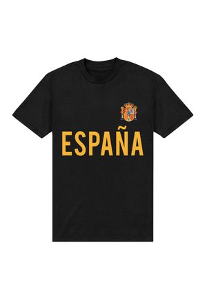 Czarny bawełniany T-shirt z napisem "ESPAÑA" w pogrubionej żółtej czcionce oraz kolorowym herbem Hiszpanii na górze po lewej stronie.