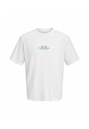 T-shirt blanc à manches courtes avec texte turquoise « El & Mrs La Plage Paradis » et texte plus petit en dessous sur la poitrine, fond uni.