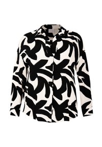 Langärmlige Bluse in Schwarz und Weiß mit abstrakten Formen, aus einem glatten Stoff gefertigt. Sie hat einen Kragen und eine durchgehende Knopfleiste.