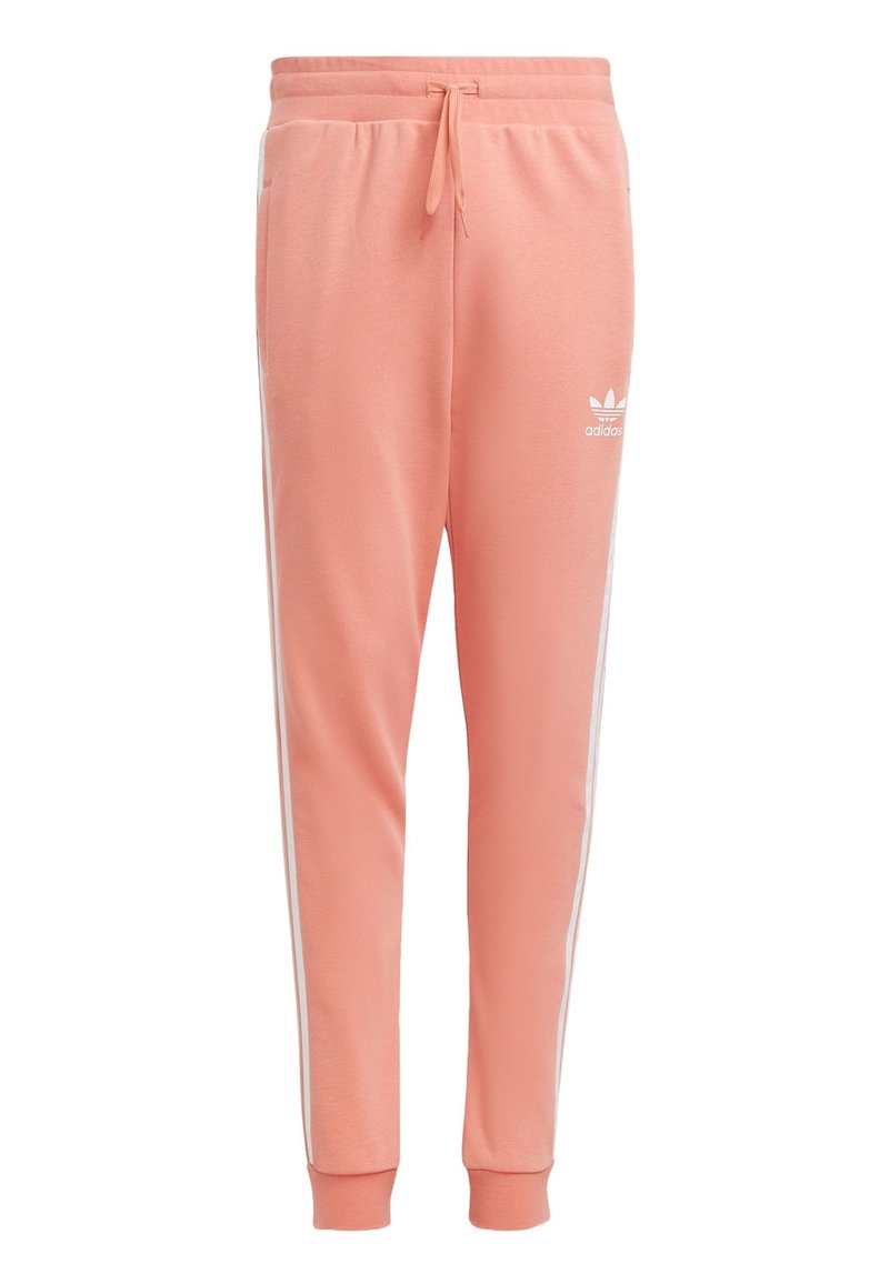 Pantalones de chándal rosas, confeccionados en una tela suave, con franjas laterales blancas y una cinturilla con cordón ajustable que presenta un logo en la cadera izquierda.