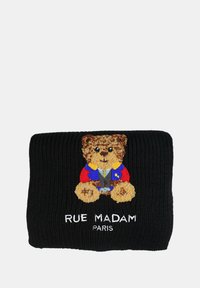 Berretto a coste nero con un colorato orsetto ricamato in giacca, con il testo "RUE MADAM PARIS" sottostante. Texture morbida e design giocoso.