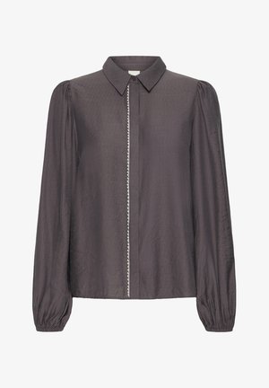 Langarm button-up overhemd in donkergrijs met een kraag, verticale witte knopenlijst en geplooide manchetten voor textuur.