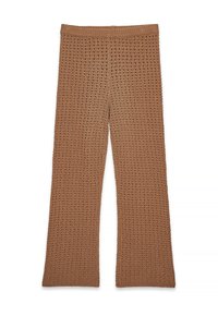 Bruine gebreide broek met wijde pijpen en een elastische tailleband, met een gestructureerd, open geweven patroon.