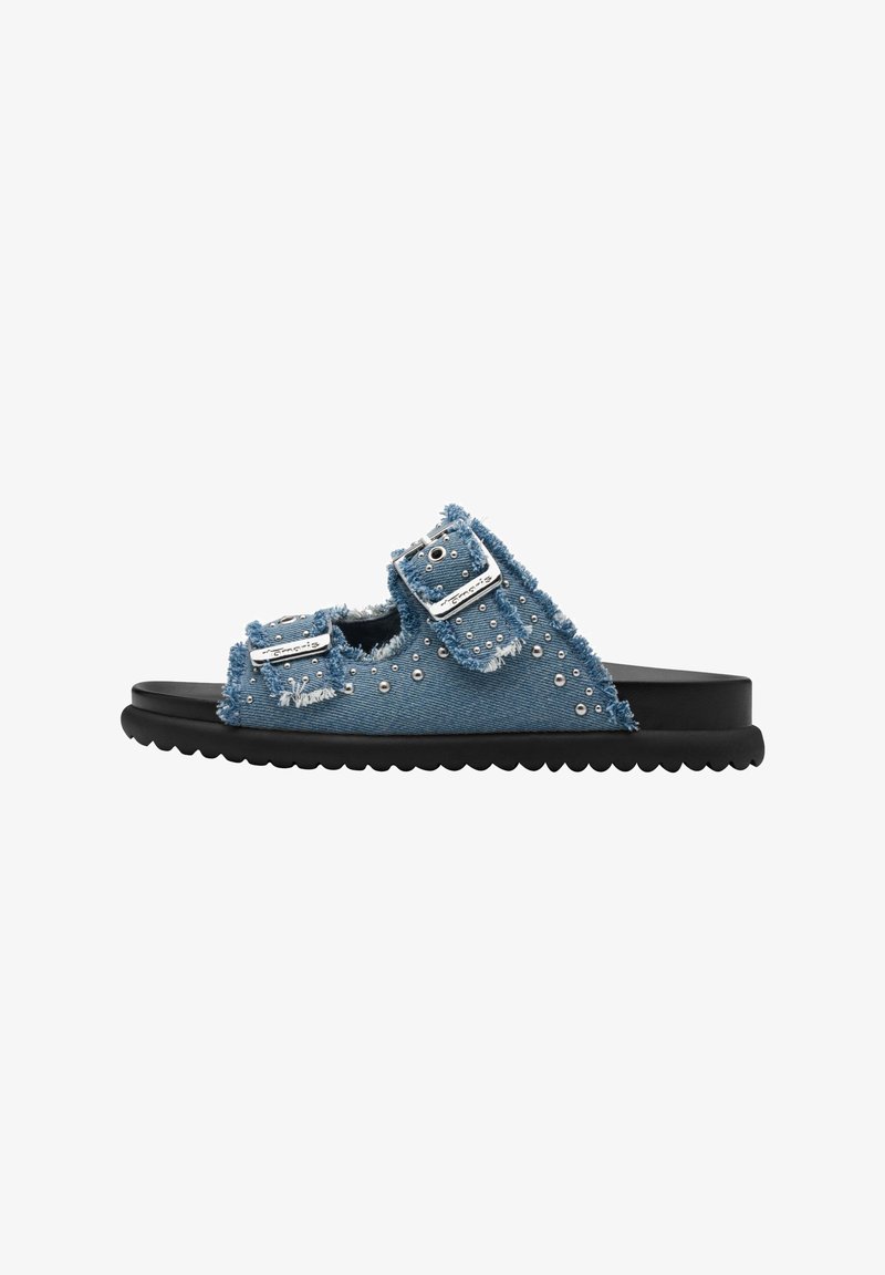 Denim slide sandal with frayed edges, metallic studs, two buckle straps, and a black rubber sole with a wavy pattern.