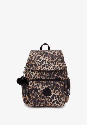 Leopard print backpack with a flap closure, front zip pocket, and a charm attachment. Made from durable fabric with black accents.