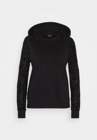Sudadera negra con un cuerpo de algodón suave y mangas largas de encaje transparente con patrones florales. Capucha ajustable con cordón y puños de punto.