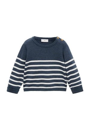 Maglione lavorato a maglia blu navy con strisce orizzontali bianche, scollatura rotonda e due bottoni decorativi su una spalla. Texture morbida.