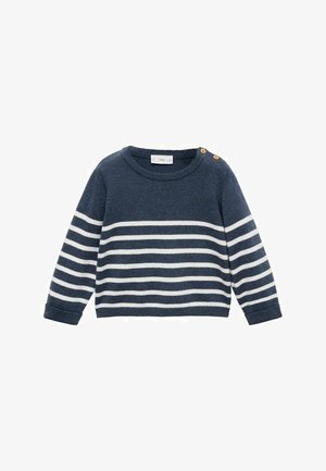 Marineblauwe gebreide trui met witte horizontale strepen, ronde halslijn en twee decoratieve knopen op één schouder. Zachte textuur.