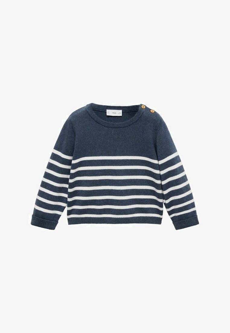 Temno modra pletena jopica z belimi vodoravnimi črtami, okroglo izrezana, z dvema dekorativnima gumboma na enem rami. Mehka tekstura.