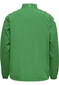 Grüne Windjacke mit Stehkragen, langen Ärmeln, elastischen Bündchen und weißen Akzentstreifen auf den Schultern. Glattes, leichtes Material.