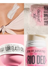 Crème appliquée sur une peau bronzée portant un haut de bikini rose clair, avec des gros plans des produits Sol de Janeiro Beija Flor Elasti-Cream et Rio Deo.