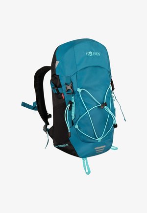 Niebiesko-czarny plecak trekkingowy Trollkids z regulowanymi paskami, przednimi elastycznymi trokami i wieloma klamrami do użytku na świeżym powietrzu.