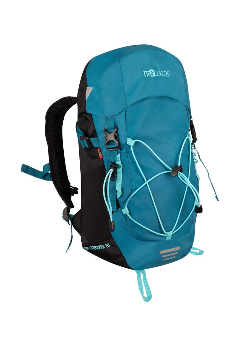 Mochila de trekking Trollkids em azul e preto, com alças ajustáveis, cordas elásticas frontais e múltiplas fivelas para uso ao ar livre.