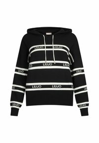 Sweat à capuche noir avec rayures horizontales blanches et logo "LIU JO" répété, doté de cordons blancs et de poignets et ourlet côtelés.