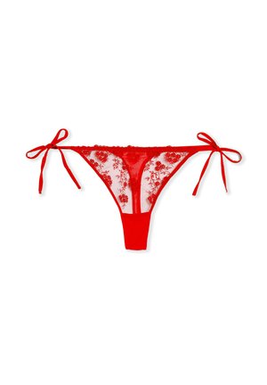 Red sheer lace thong with detailed floral embroidery. Features tie closures on both sides and a solid red fabric back.