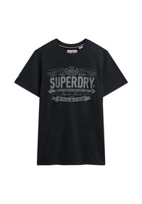 Zwarte katoenen T-shirt met een groot grijs "SUPERDRY" logo en vintage-stijl tekst. Korte mouwen en een ronde halslijn met een relaxed fit.