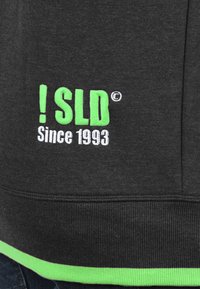 Grå sweatshirt med en grøn detalje forneden. Har hvid broderet tekst: "!SLD Siden 1993" og et ophavsretssymbol.