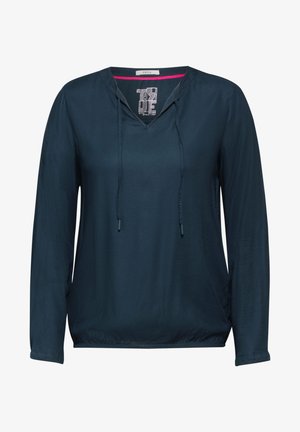 Ciemnoniebieska bluzka z długim rękawem i dekoltem w kształcie litery V, z kapturem na sznurku oraz teksturowanym materiałem z małymi perforacjami. Regulowany dół z elastycznym wykończeniem.