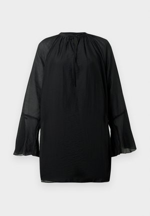 Schwarze, halbtransparente Bluse mit langen Glockenärmeln, einem runden Ausschnitt mit Bindeband und lockerer Passform. Sanfte Textur mit subtiler Schimmer.