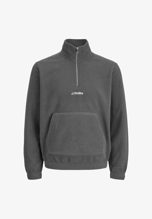 Gray fleece pullover with a quarter zip, front kangaroo pocket, and embroidered "JJ Studios" logo on the chest. Elastic cuffs.