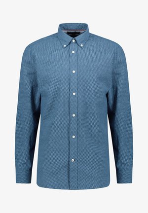 Blauw button-up overhemd met lange mouwen, voorzien van een klein geometrisch patroon en witte knopen, met een button-down kraag.