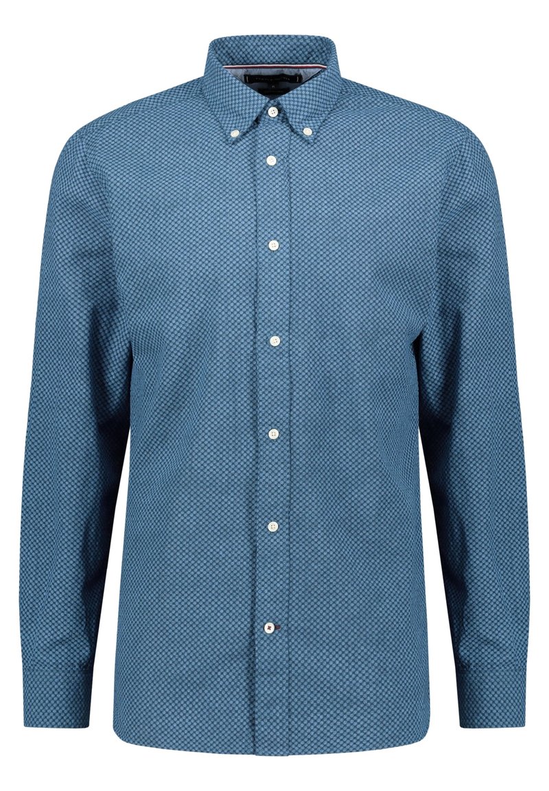 Camicia button-up blu a maniche lunghe con piccolo motivo geometrico e bottoni bianchi, dotata di colletto button-down.