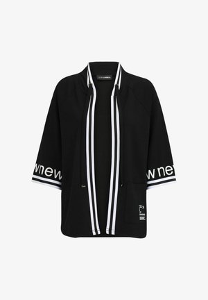 Black lightweight jacket featuring white stripes along the collar and sleeves, with a front pocket and adjustable drawstring detail.
