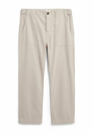 Beige Baumwollhosen mit lockerem Schnitt, ausgestattet mit zwei seitlichen Taschen, einem Knopfverschluss und geradem Bein.