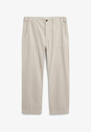 Beige Baumwollhosen mit lockerem Schnitt, ausgestattet mit zwei seitlichen Taschen, einem Knopfverschluss und geradem Bein.