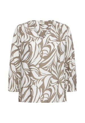 Blouse blanche avec motif de feuilles abstraites beige, col en V, manches 3/4 bouffantes et coupe décontractée.