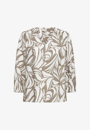 Blouse blanche avec motif de feuilles abstraites beige, col en V, manches 3/4 bouffantes et coupe décontractée.