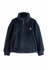 Pullover in fleece blu navy con collo alto, zip frontale a metà, polsini a costine e tasca frontale. Presenta un piccolo logo sul petto.