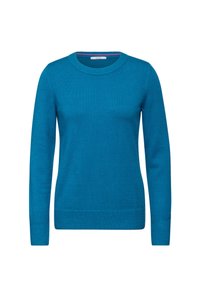Pull turquoise à col rond avec des manches longues, fabriqué à partir d'un matériau doux. Présente un ourlet et des poignets côtelés, une texture lisse et un design simple.