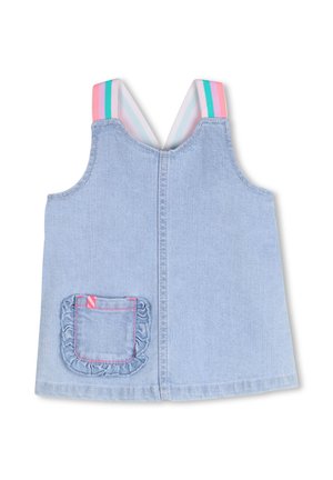 Denimjurk in lichtblauwe kleur, met gerimpelde zakdetails en meerkleurige gestreepte bandjes. Gladde textuur en mouwloos ontwerp.