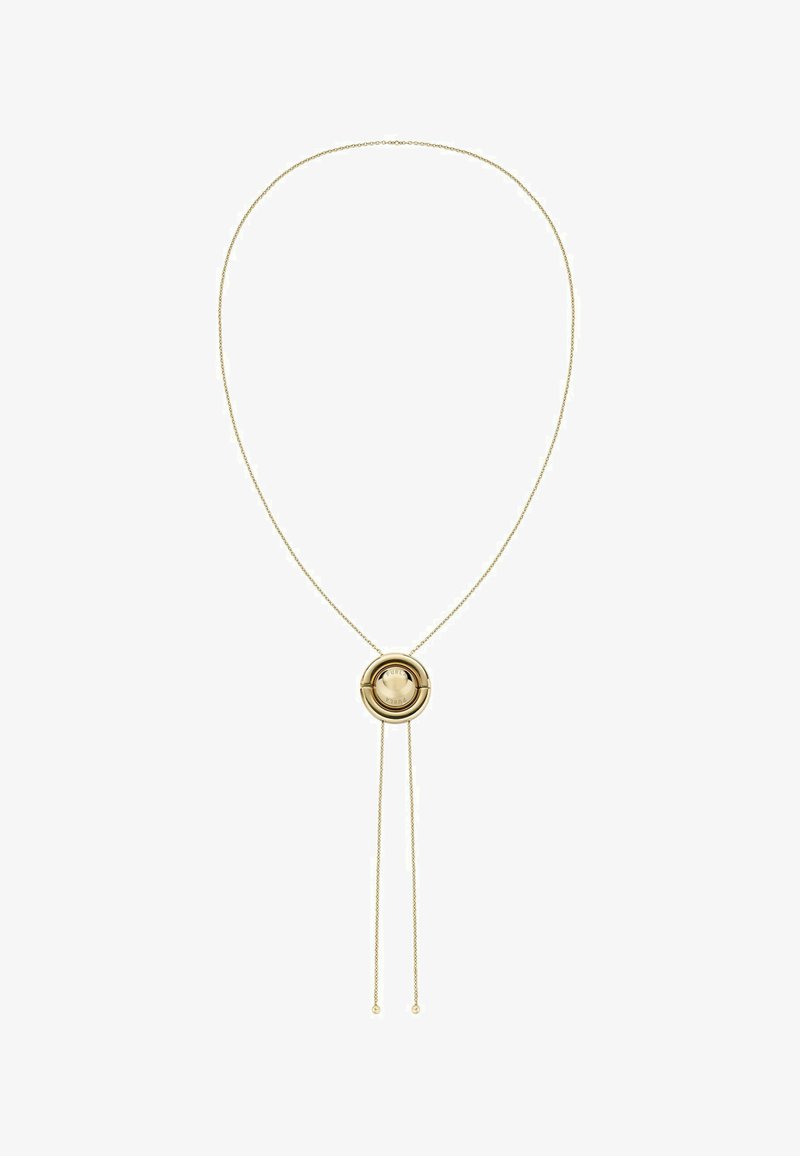 Collier réglable en or avec pendentif circulaire et deux extrémités de chaîne pendantes sur fond blanc.