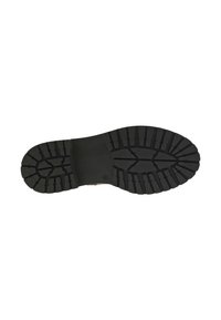 Semelle en caoutchouc noir avec un motif de rainure profond et des nervures texturées, conçue pour l'adhérence et la stabilité. Surface lisse au centre.