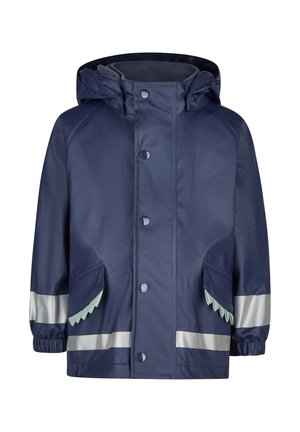 Navy blue children's rain jacket with hood, front snap buttons, reflective bands on sleeves and hem, and flap pockets with light blue details.